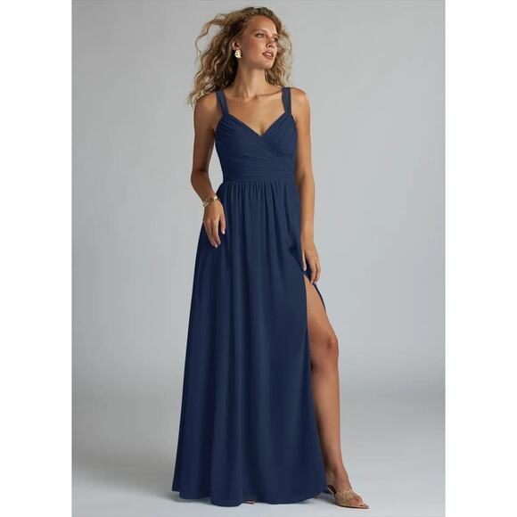 Azazie Dresses & Skirts - Azazie Aziza Dress Womens A10 Dark Navy A Line V Neck Pleated Chiffon Bridesmaid